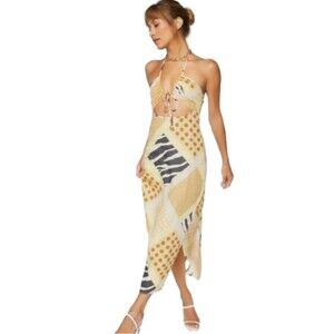 Zebra Patternblock Halter Yellow Midi Dress NWT